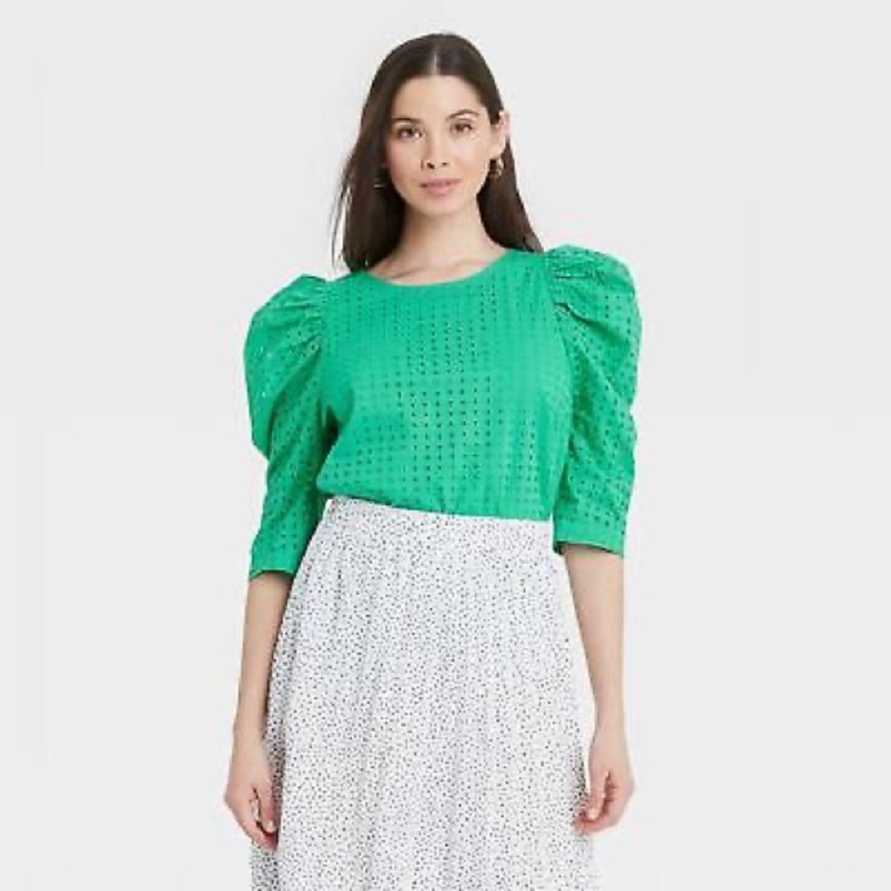 🔥SALE🏷️ A New Day Puffy Elbow Sleeve Eyelet Keyhole Blouse for Woman